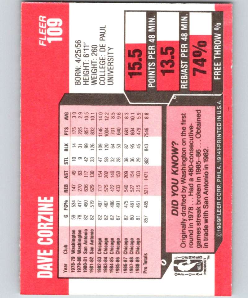 1989-90 Fleer #109 Dave Corzine Magic NBA Baseketball Image 2