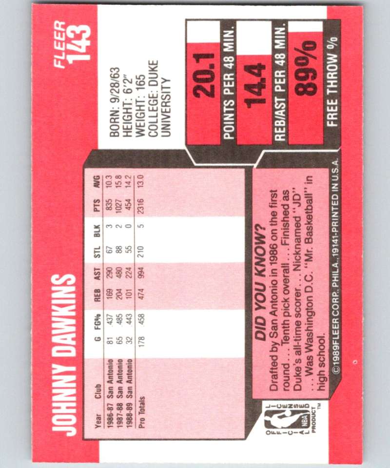 1989-90 Fleer #143 Johnny Dawkins Spurs NBA Baseketball Image 2
