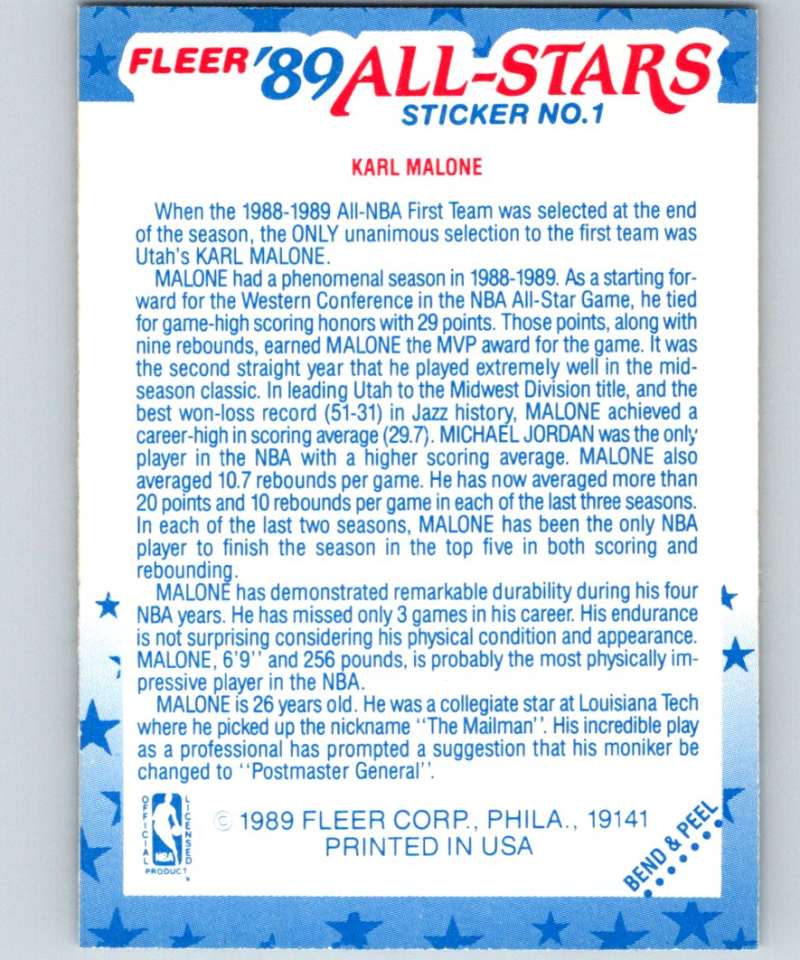 1989-90 Fleer Stickers #1 Karl Malone Jazz NBA Basketball