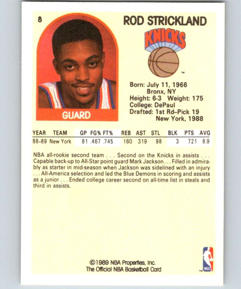 1989-90 Hoops #8 Rod Strickland RC Rookie Knicks NBA Basketball Image 2
