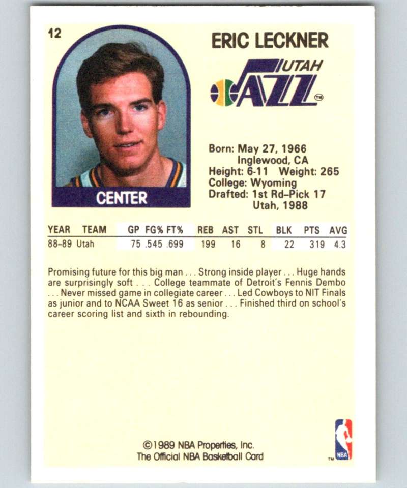 1989-90 Hoops #12 Eric Leckner Jazz NBA Basketball