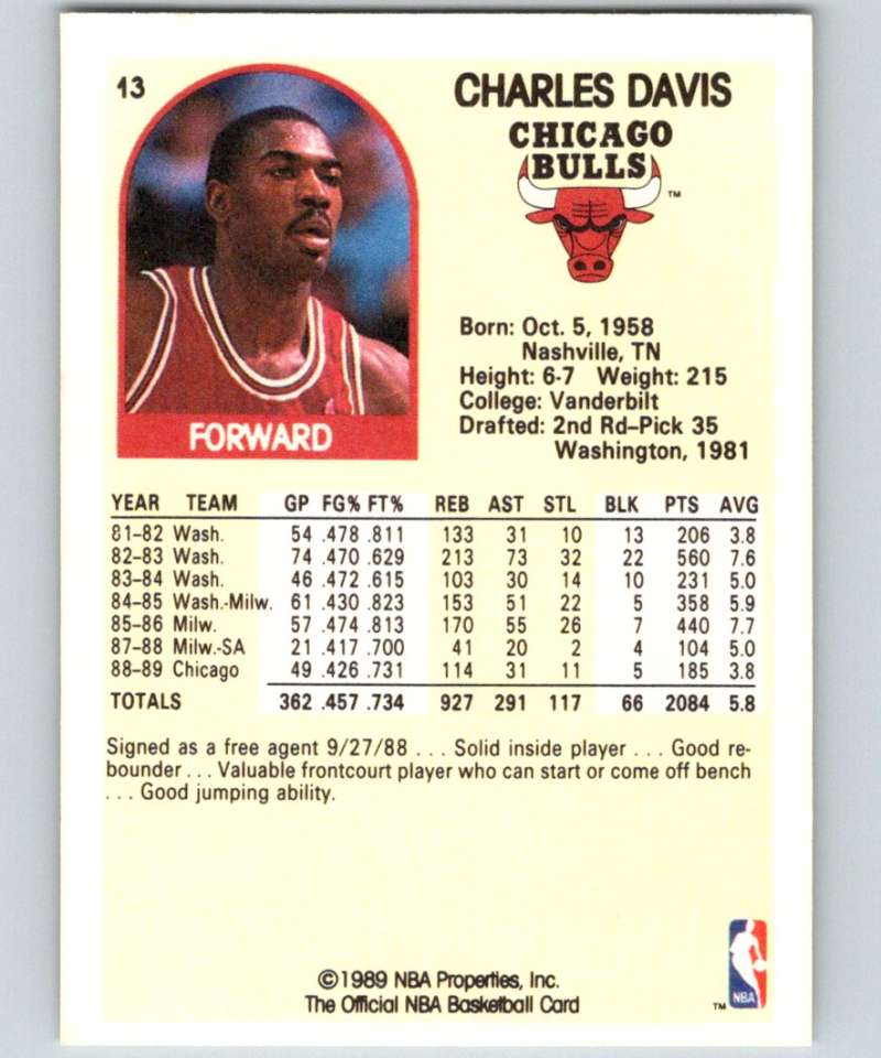 1989-90 Hoops #13 Charles Davis Bulls NBA Basketball Image 2