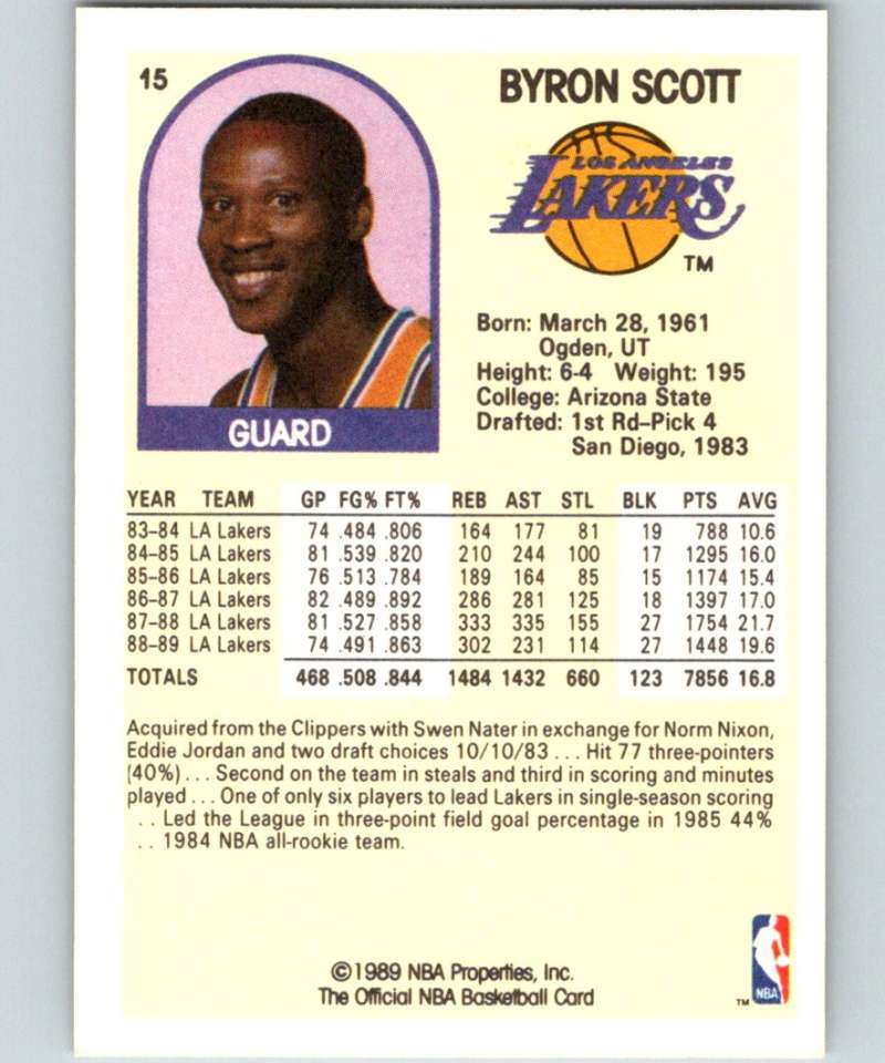 1989-90 Hoops #15 Byron Scott Lakers NBA Basketball Image 2