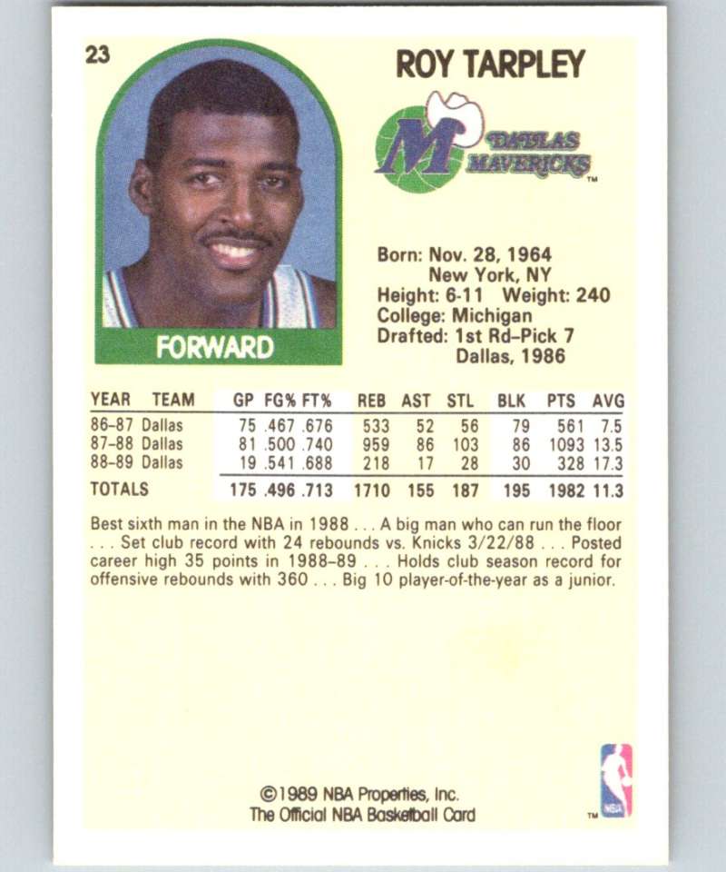 1989-90 Hoops #23 Roy Tarpley Mavericks NBA Basketball Image 2