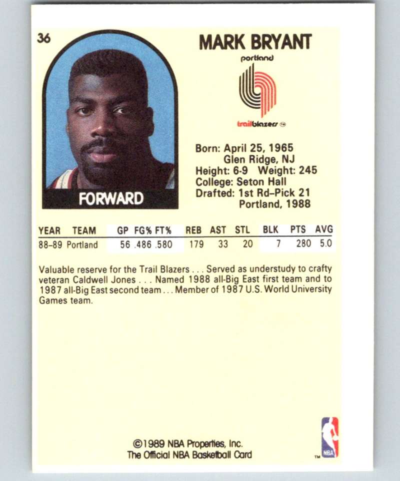 1989-90 Hoops #36 Mark Bryant RC Rookie Blazers NBA Basketball Image 2