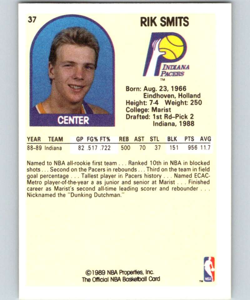 1989-90 Hoops #37 Rik Smits RC Rookie Pacers NBA Basketball Image 2