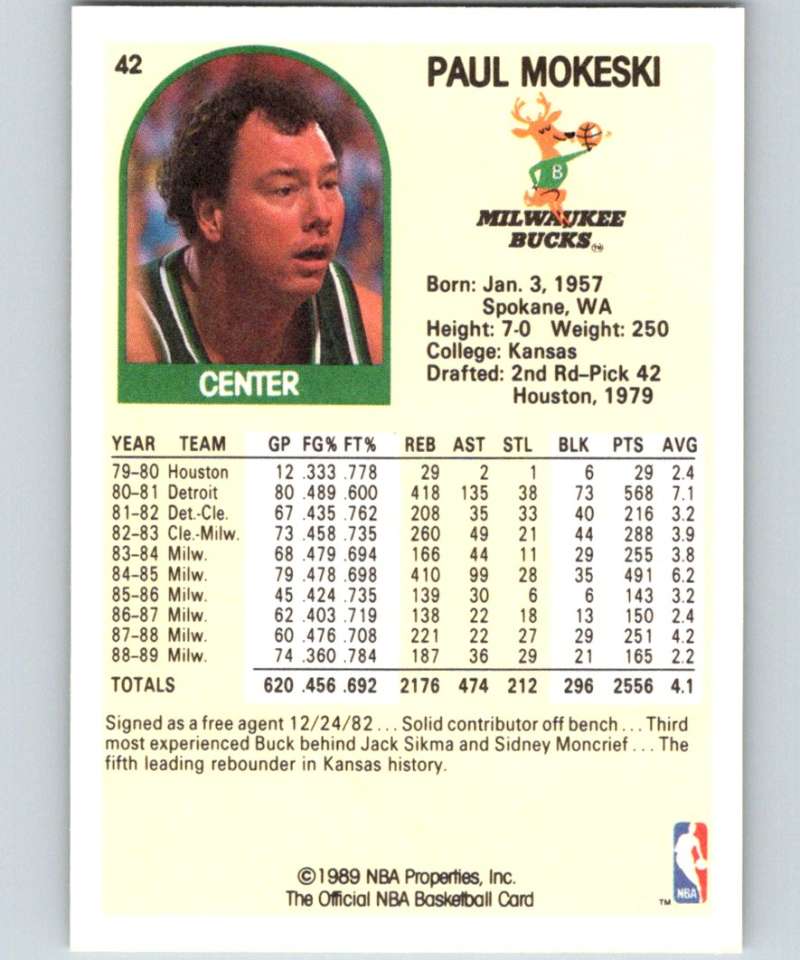 1989-90 Hoops #42 Paul Mokeski Bucks NBA Basketball