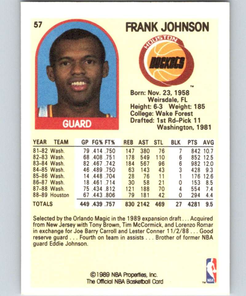 1989-90 Hoops #57 Frank Johnson SP Rockets NBA Basketball Image 2