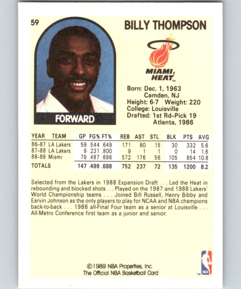 1989-90 Hoops #59 Billy Thompson Heat NBA Basketball