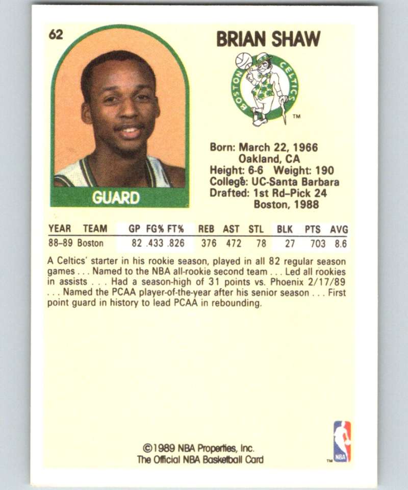 1989-90 Hoops #62 Brian Shaw RC Rookie SP Celtics NBA Basketball