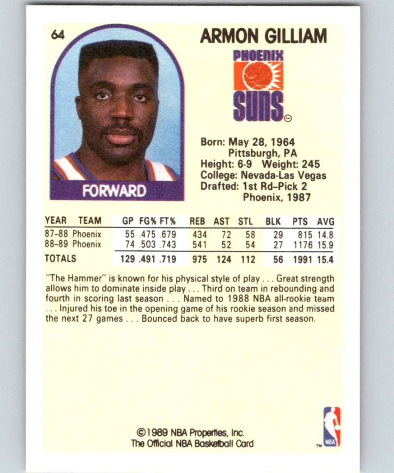 1989-90 Hoops #64 Armon Gilliam Suns NBA Basketball