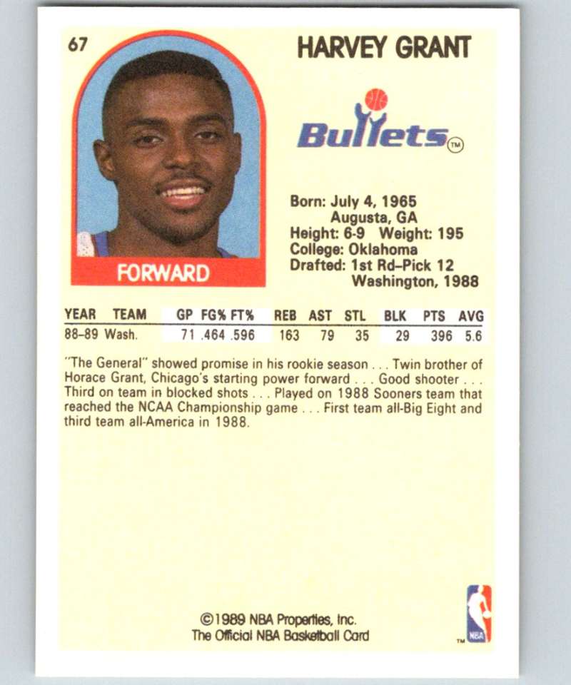 1989-90 Hoops #67 Harvey Grant RC Rookie Bullets NBA Basketball Image 2