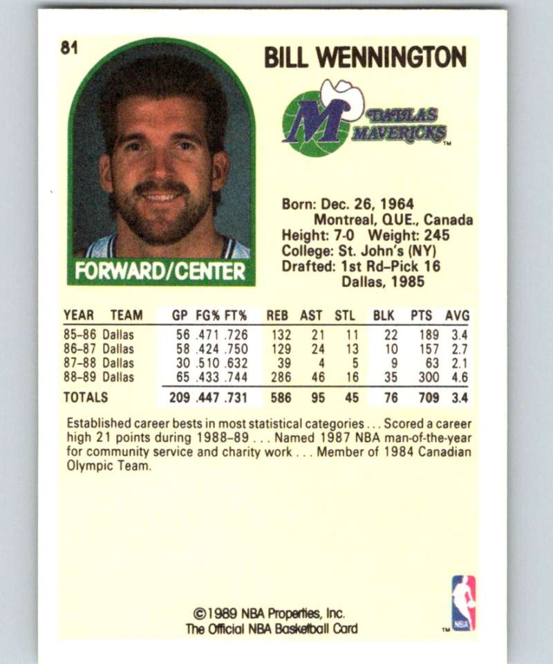 1989-90 Hoops #81 Bill Wennington RC Rookie Mavericks NBA Basketball Image 2