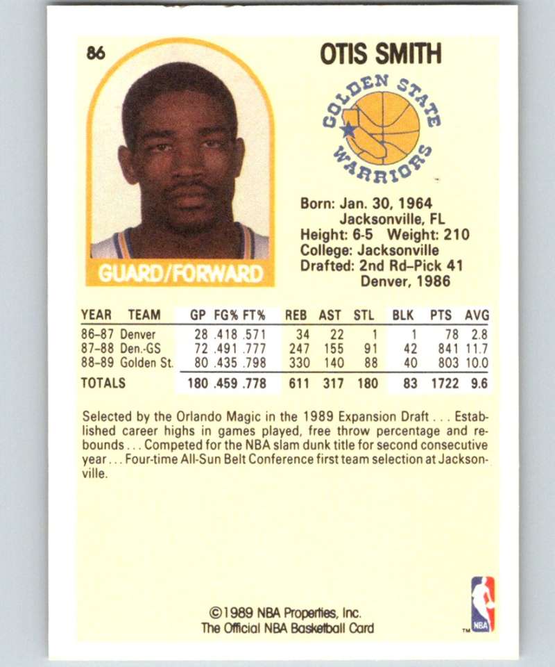 1989-90 Hoops #86 Otis Smith RC Rookie SP Warriors NBA Basketball Image 2