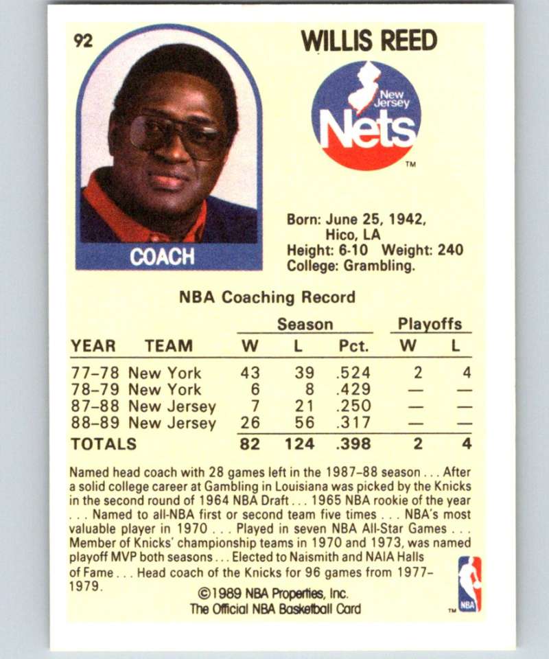 1989-90 Hoops #92 Willis Reed/ SP NJ Nets NBA Basketball
