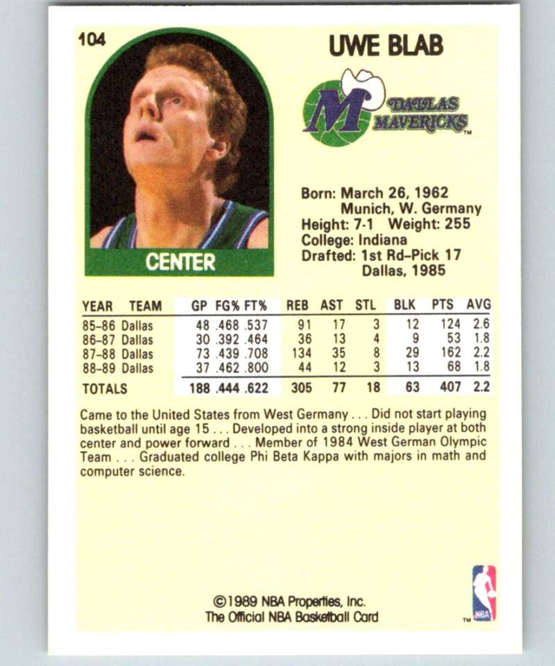 1989-90 Hoops #104 Uwe Blab SP Mavericks NBA Basketball
