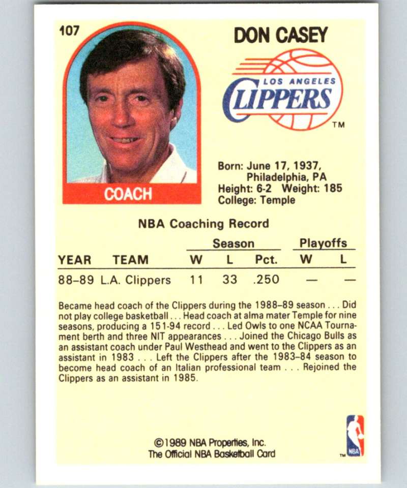 1989-90 Hoops #107 Don Casey Clippers CO NBA Basketball Image 2