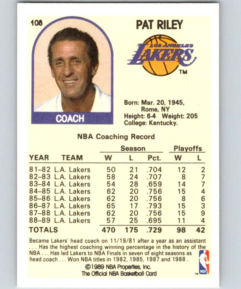 1989-90 Hoops #108 Pat Riley Lakers CO NBA Basketball
