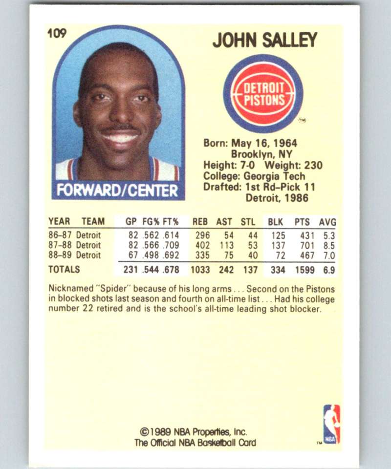 1989-90 Hoops #109 John Salley Pistons NBA Basketball Image 2