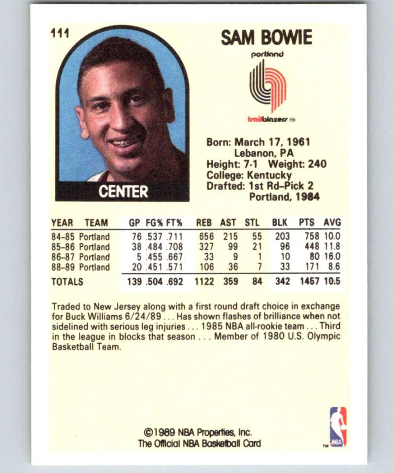 1989-90 Hoops #111 Sam Bowie SP Blazers NBA Basketball