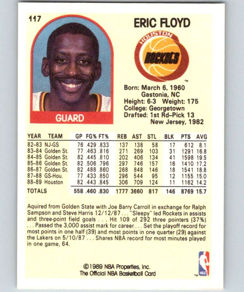 1989-90 Hoops #117 Sleepy Floyd Rockets NBA Basketball Image 2