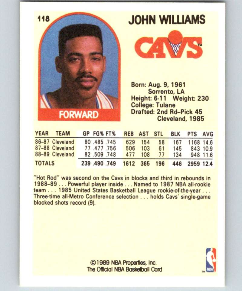 1989-90 Hoops #118 Hot Rod Williams Cavaliers NBA Basketball Image 2