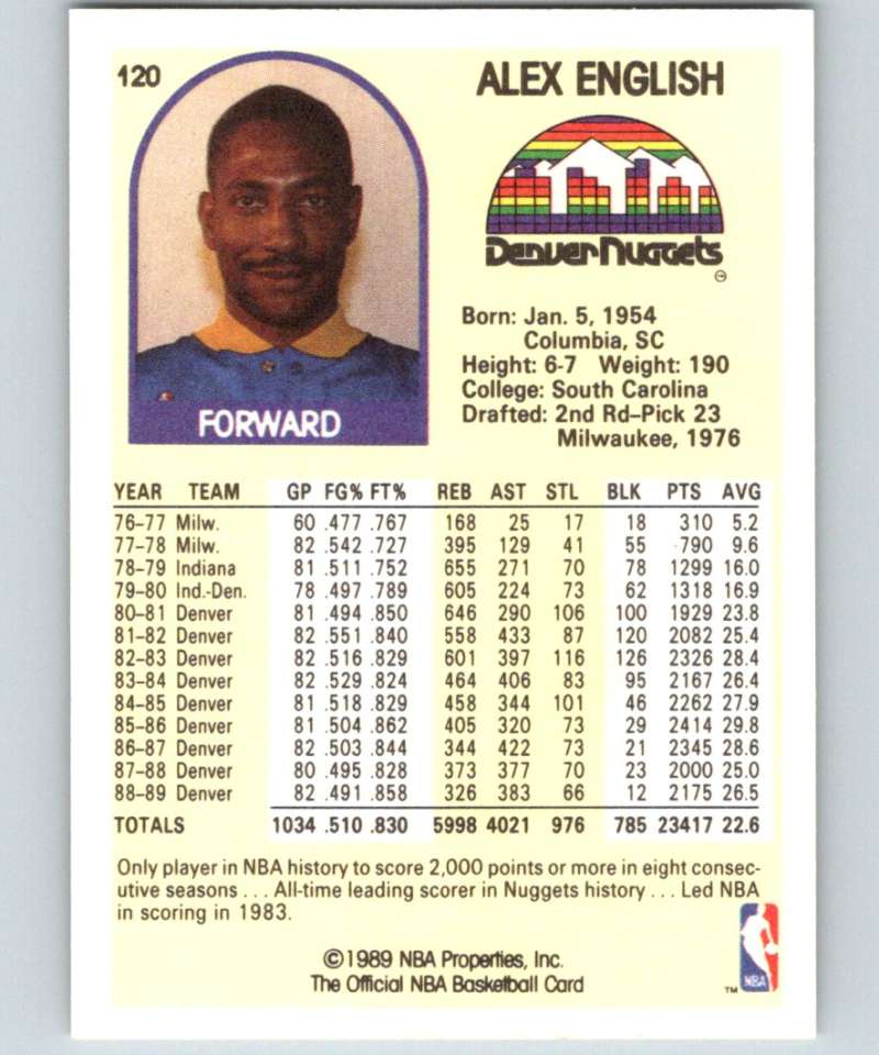 1989-90 Hoops #120 Alex English Nuggets NBA Basketball Image 2