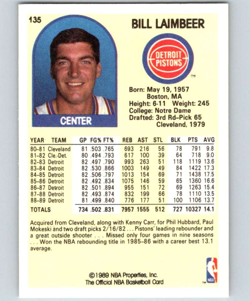 1989-90 Hoops #135 Bill Laimbeer Pistons NBA Basketball Image 2