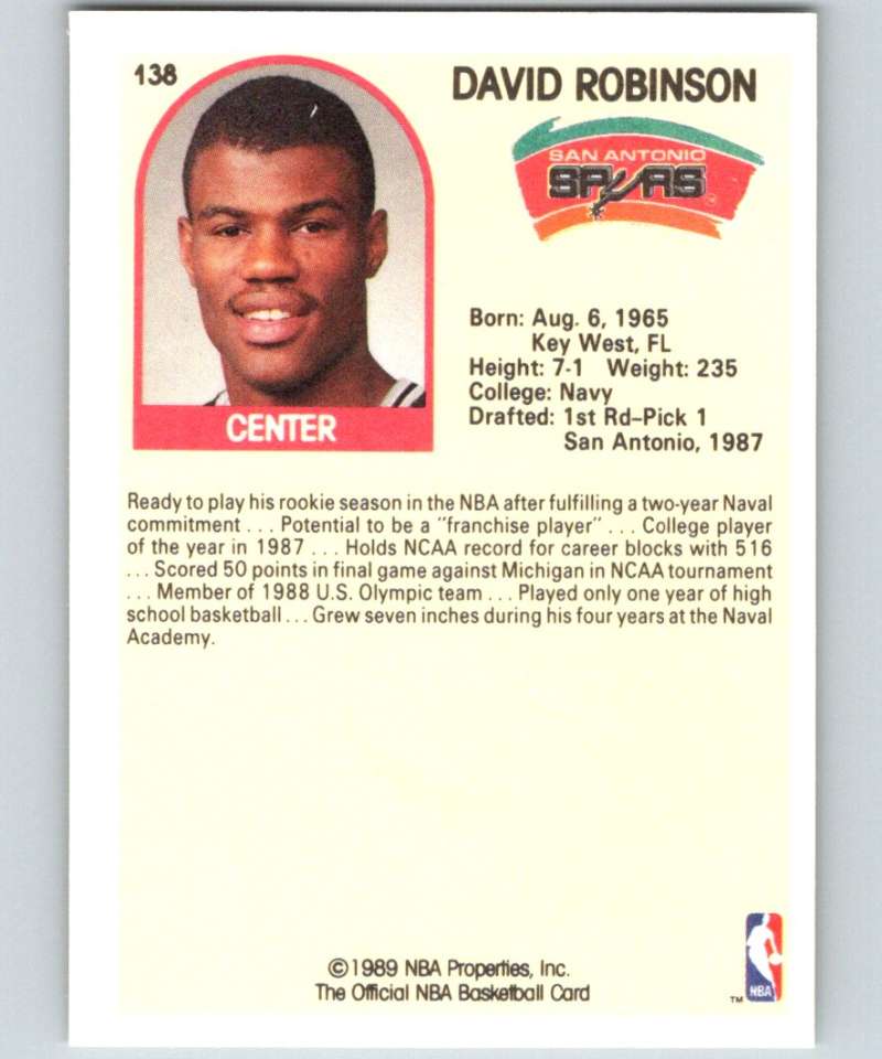 1989-90 Hoops #138 David Robinson RC Rookie SP Spurs NBA Basketball