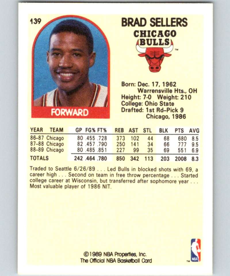 1989-90 Hoops #139 Brad Sellers SP Bulls NBA Basketball