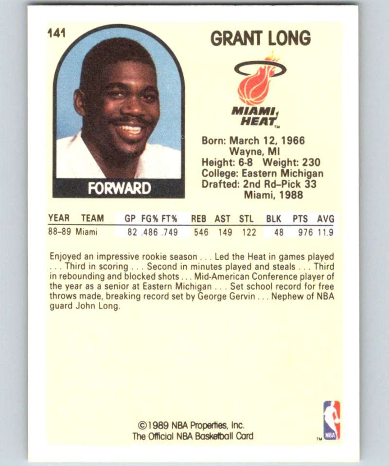1989-90 Hoops #141 Grant Long RC Rookie Heat NBA Basketball Image 2