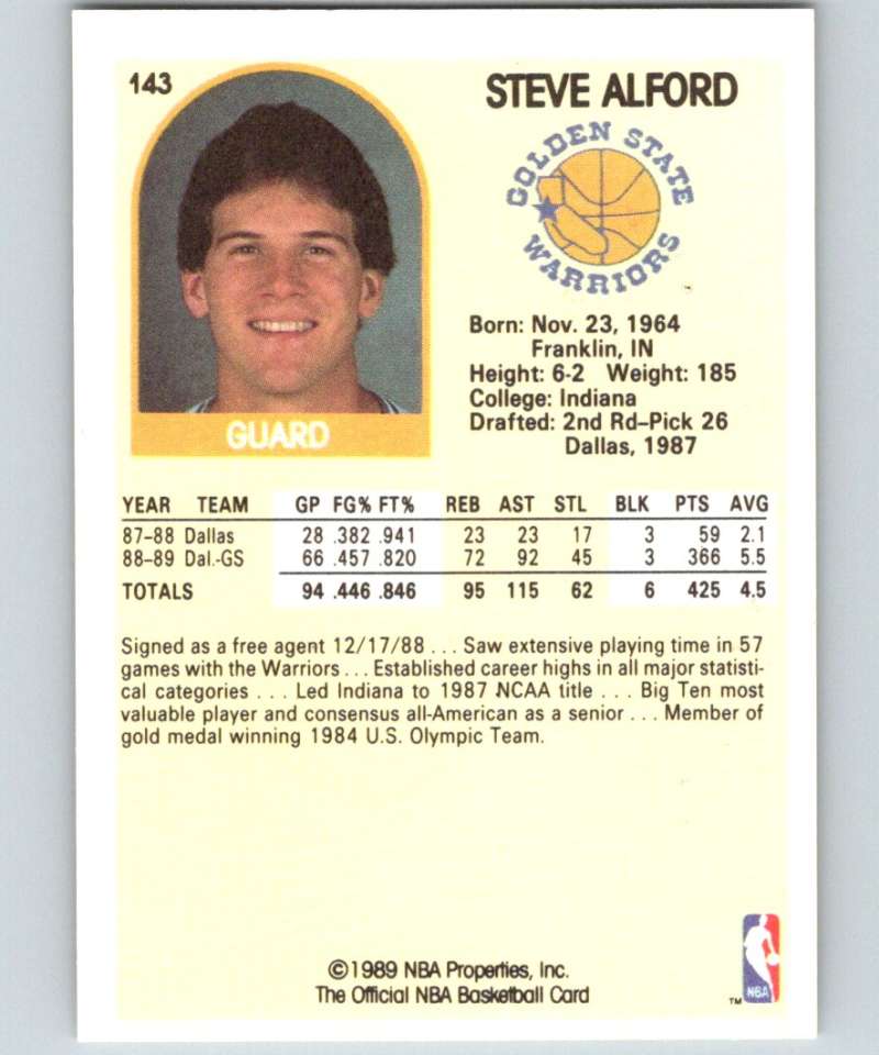 1989-90 Hoops #143 Steve Alford RC Rookie SP Warriors NBA Basketball