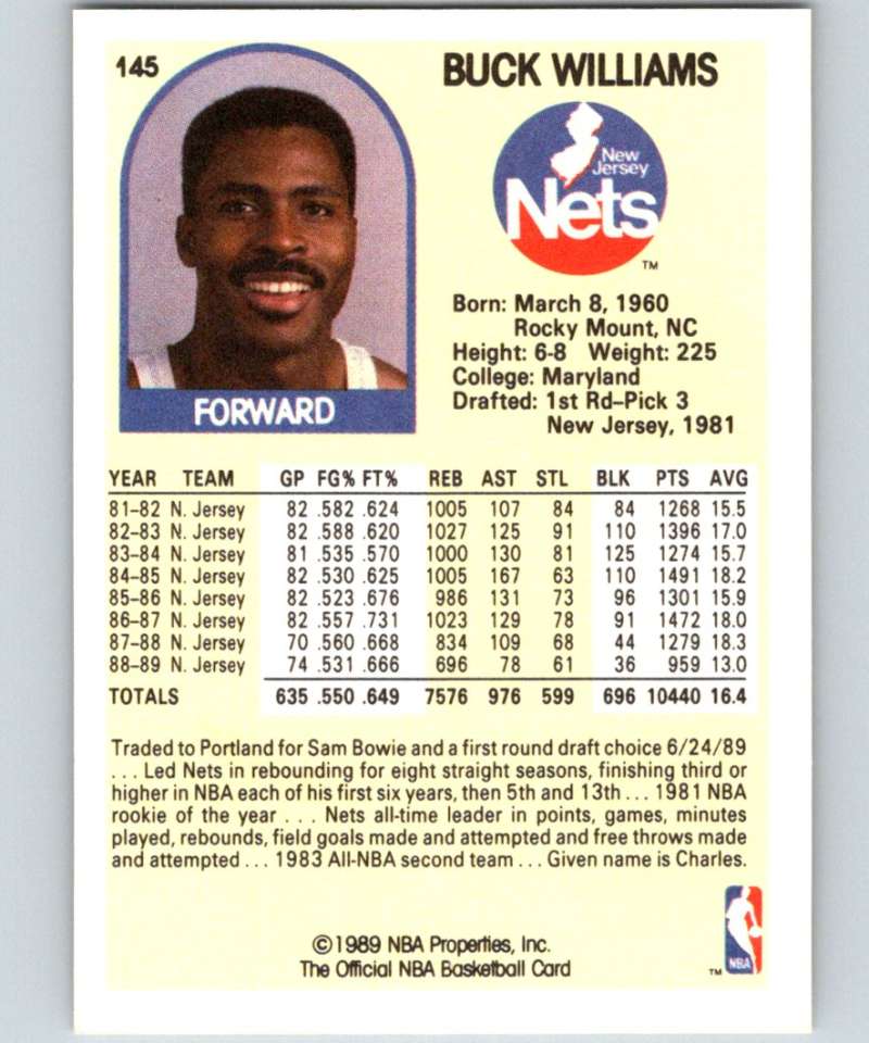 1989-90 Hoops #145 Buck Williams SP NJ Nets NBA Basketball Image 2