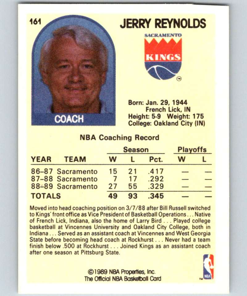 1989-90 Hoops #161 Jerry Reynolds Sac Kings CO NBA Basketball Image 2