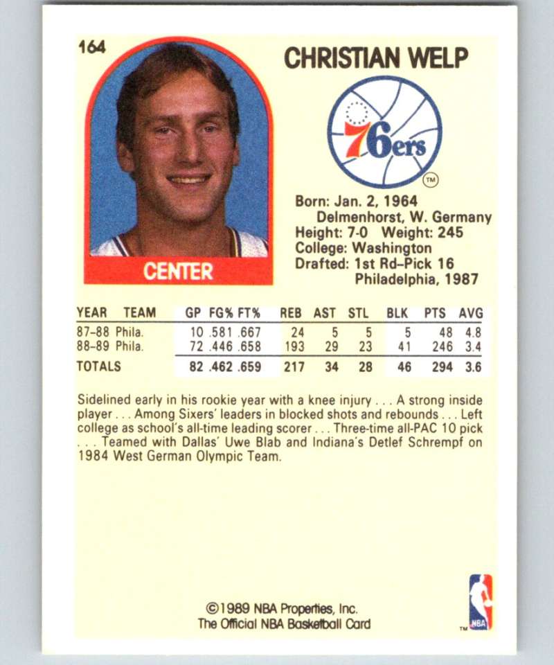 1989-90 Hoops #164 Christian Welp SP 76ers NBA Basketball Image 2