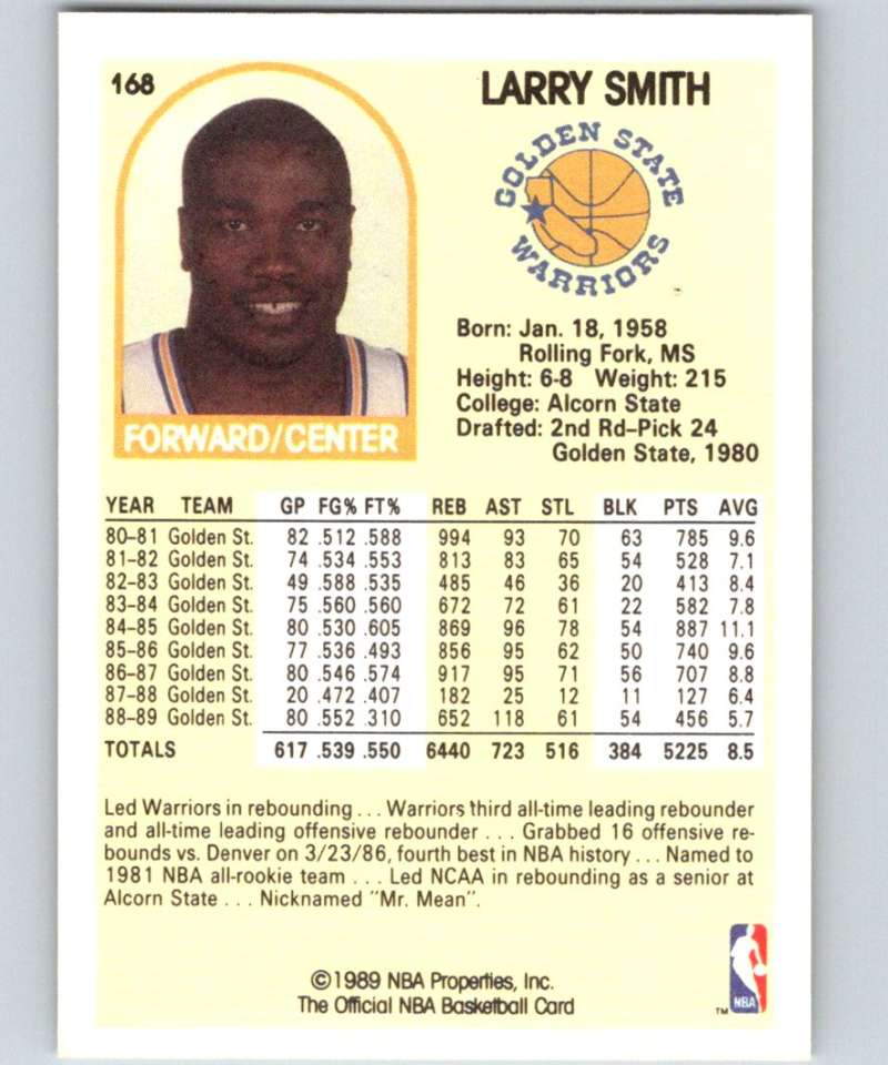 1989-90 Hoops #168 Larry Smith SP Warriors NBA Basketball Image 2