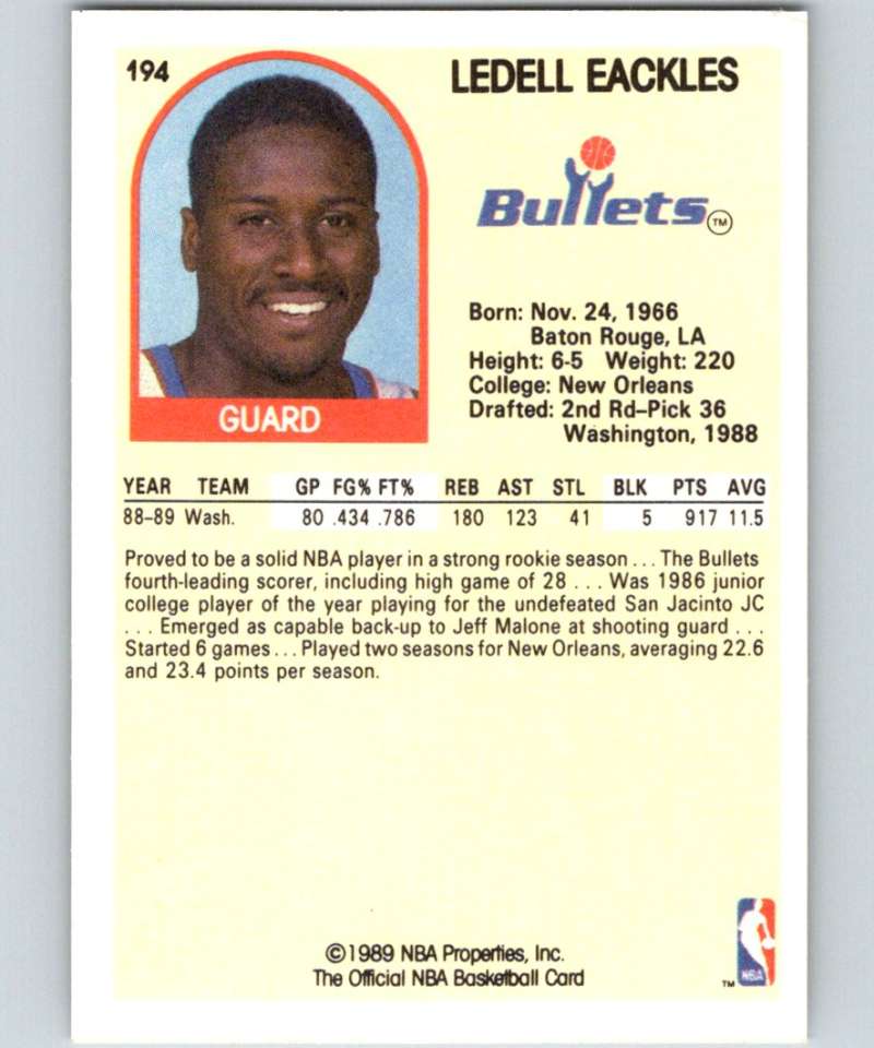 1989-90 Hoops #194 Ledell Eackles RC Rookie Bullets NBA Basketball Image 2