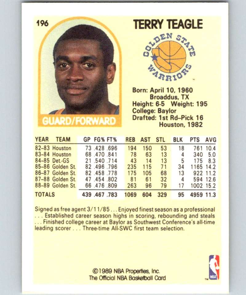 1989-90 Hoops #196 Terry Teagle Warriors NBA Basketball Image 2