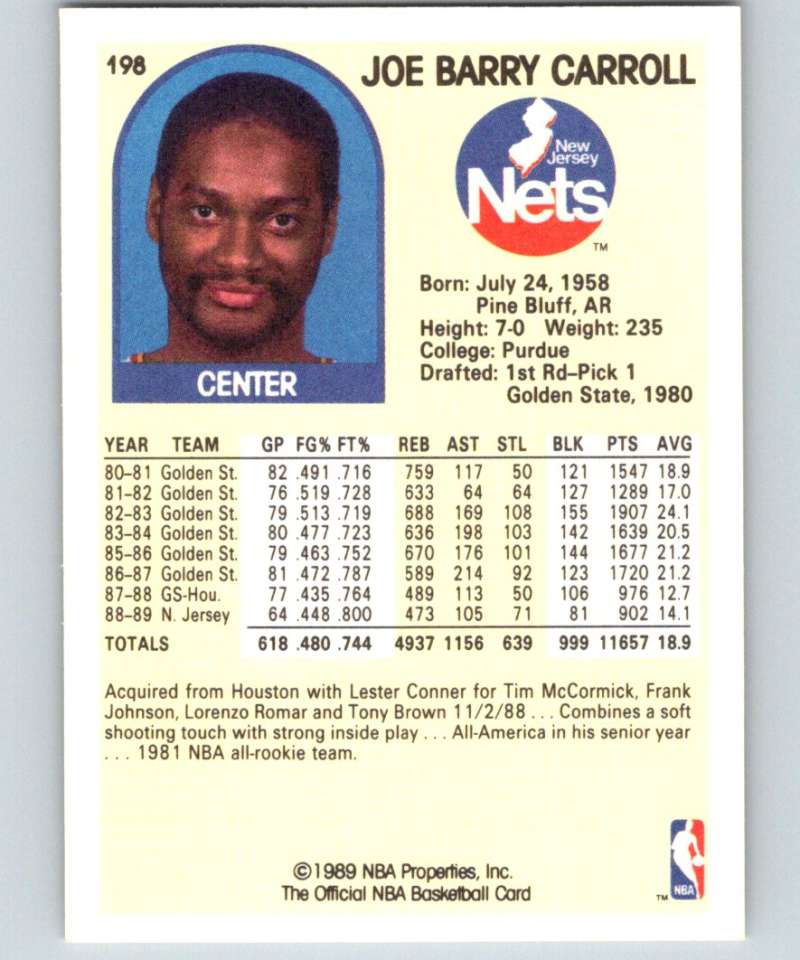 1989-90 Hoops #198 Joe Barry Carroll NJ Nets NBA Basketball Image 2