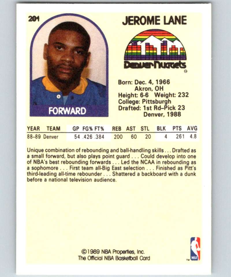 1989-90 Hoops #201 Jerome Lane RC Rookie Nuggets NBA Basketball Image 2