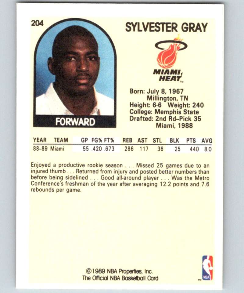 1989-90 Hoops #204 Sylvester Gray RC Rookie Heat NBA Basketball Image 2