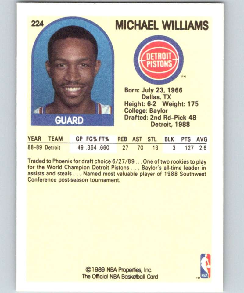 1989-90 Hoops #224 Micheal Williams RC Rookie SP Pistons NBA Basketball
