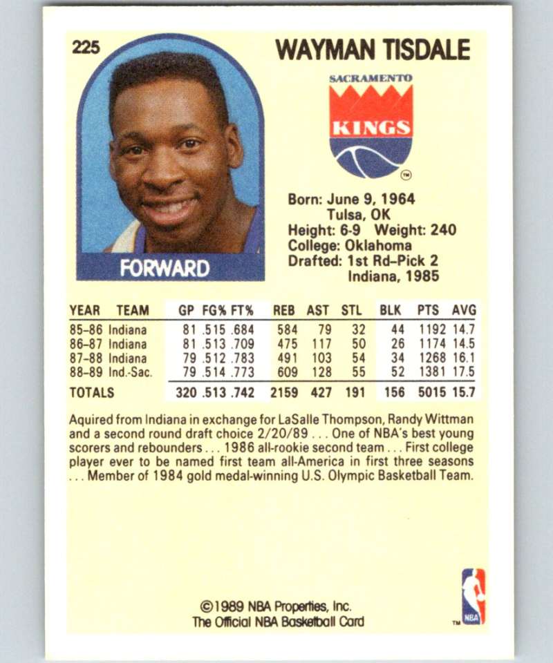 1989-90 Hoops #225 Wayman Tisdale Sac Kings NBA Basketball Image 2
