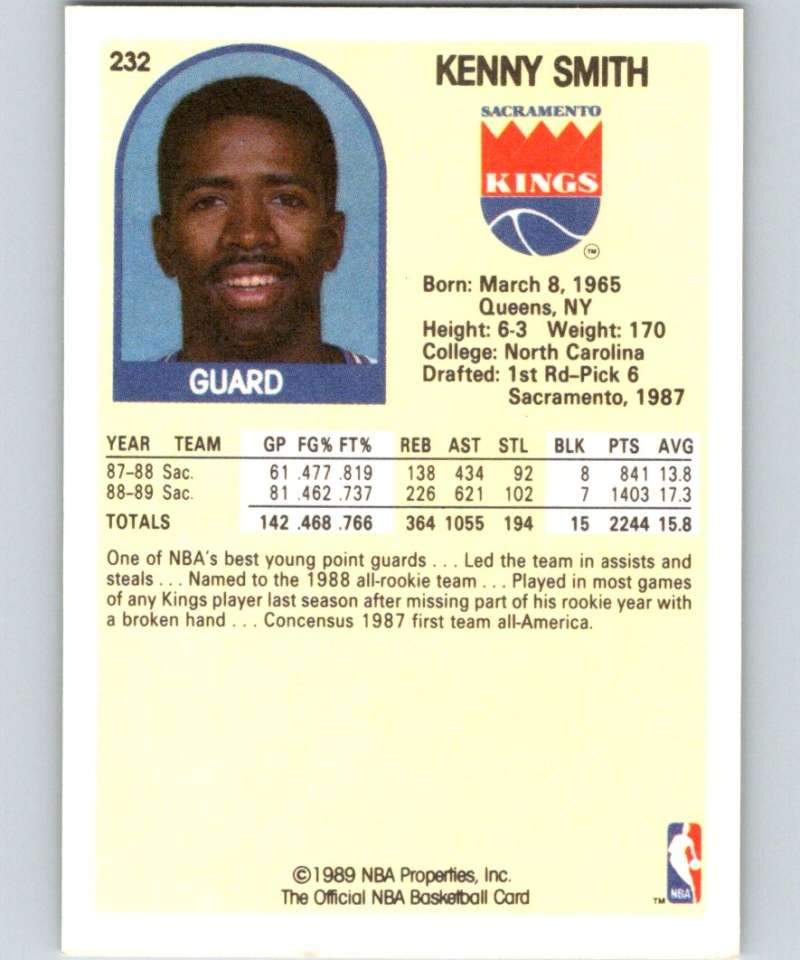 1989-90 Hoops #232 Kenny Smith Sac Kings NBA Basketball Image 2