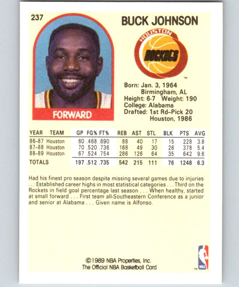 1989-90 Hoops #237 Buck Johnson RC Rookie Rockets NBA Basketball Image 2