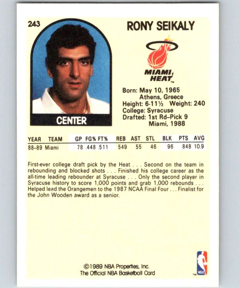 1989-90 Hoops #243 Rony Seikaly RC Rookie Heat NBA Basketball Image 2