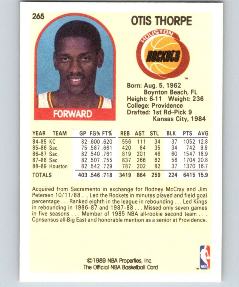 1989-90 Hoops #265 Otis Thorpe Rockets NBA Basketball Image 2