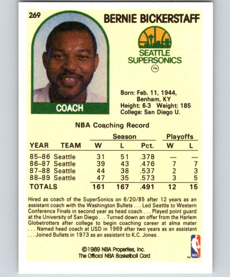 1989-90 Hoops #269 Bernie Bickerstaff SP  NBA Basketball Image 2