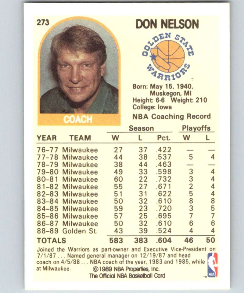 1989-90 Hoops #273 Don Nelson Warriors CO NBA Basketball Image 2