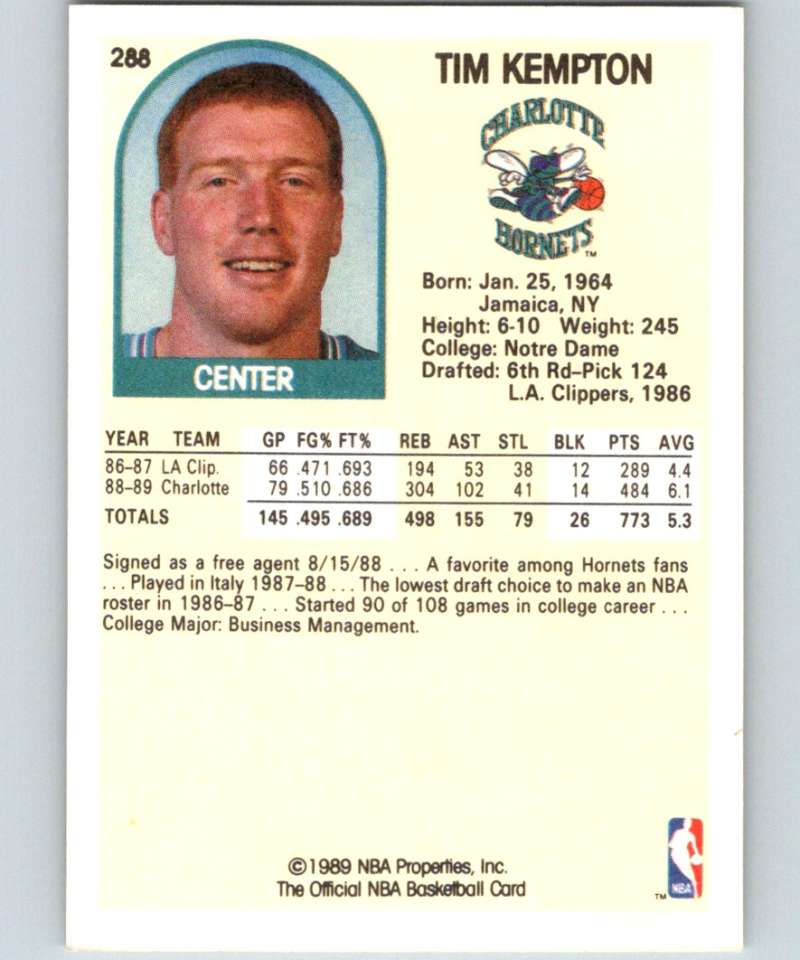 1989-90 Hoops #288 Tim Kempton SP Hornets NBA Basketball Image 2